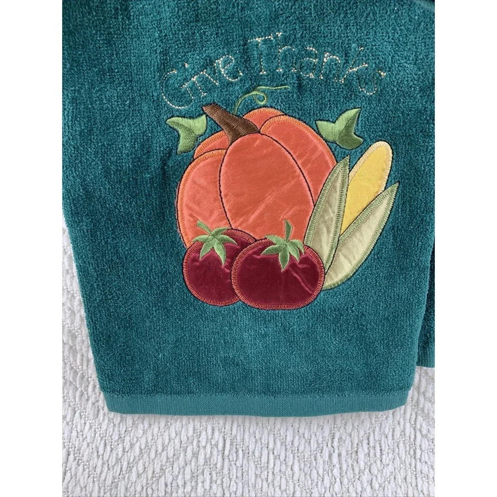 Thanksgiving Decorator Green Bath Room Hand Towels Set Fall Pumpkin Embroidered‎